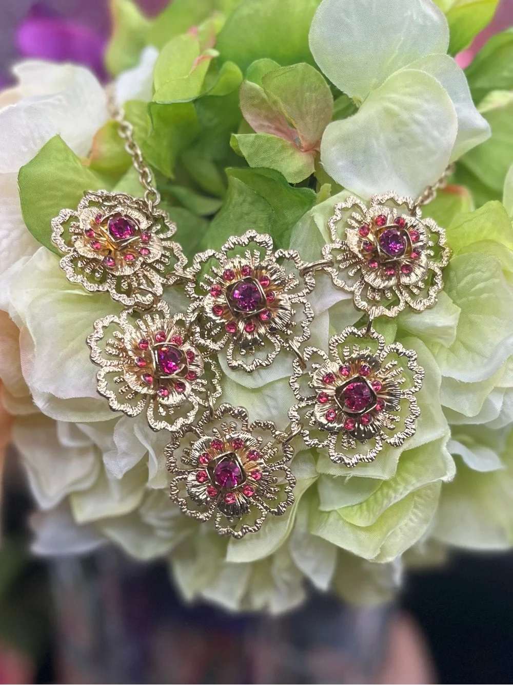 Vintage Gold Filigree Magenta Crystal Floral Statement Necklace Boho Glam